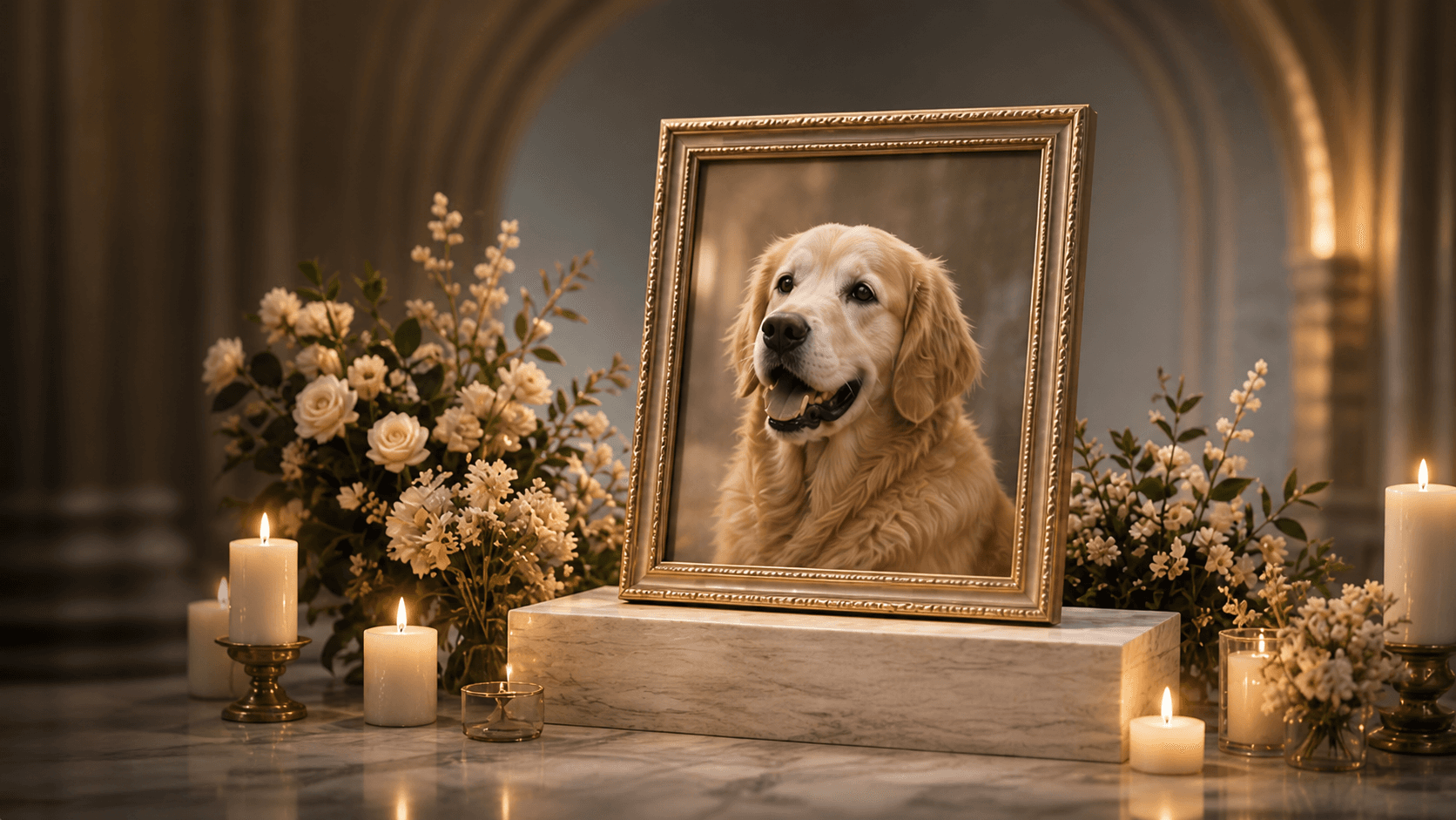 金毛犬纪念相框与烛光花艺